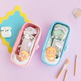 Kakao Friends Little Friends Dreaming Transparent Pencil Case (Choonsik/Ryan/Apeach) | 180° Dual-Zipper Pouch | Glossy Enamel | Made in Korea